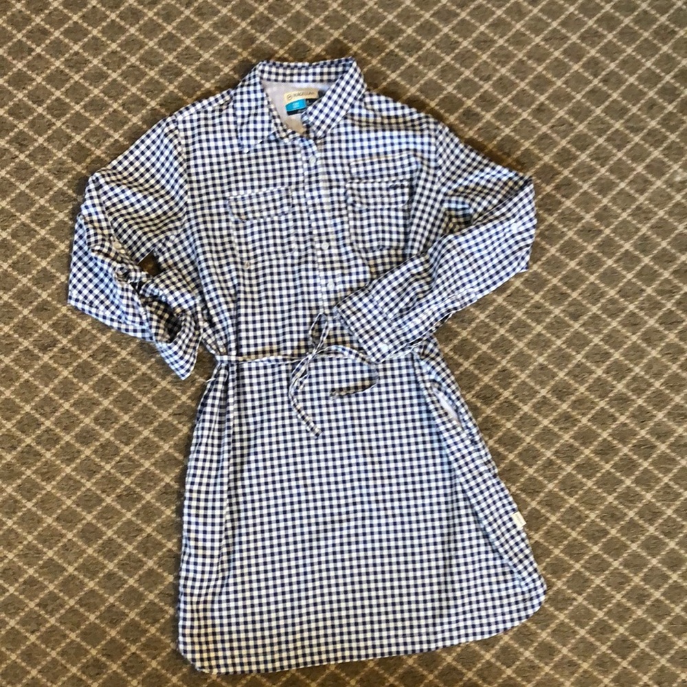 Magellan Outdoors Blue and White Cuffed Sleeve Shirt Dress